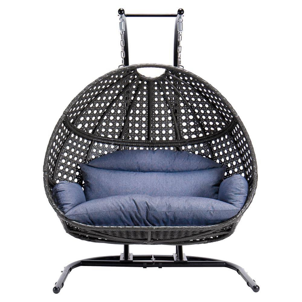 2 People Leisure Round Outdoor Egg Chair Swing Chair with Blue Cushion