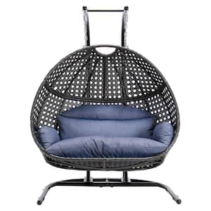 Black Wicker Round Shaped Patio Swing Outdoor Patio Egg Lounge Chair Swing 2 Person with Navy Cushion