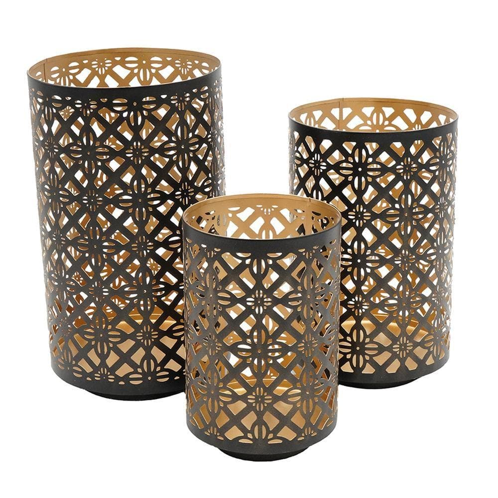 PRIMROSE CARNATION LLC Moroccan Design 12 in. x 7 in. Matte Black Gold Pierced Metal Decorative Lantern Set of 3 without Candle CCWP370263
