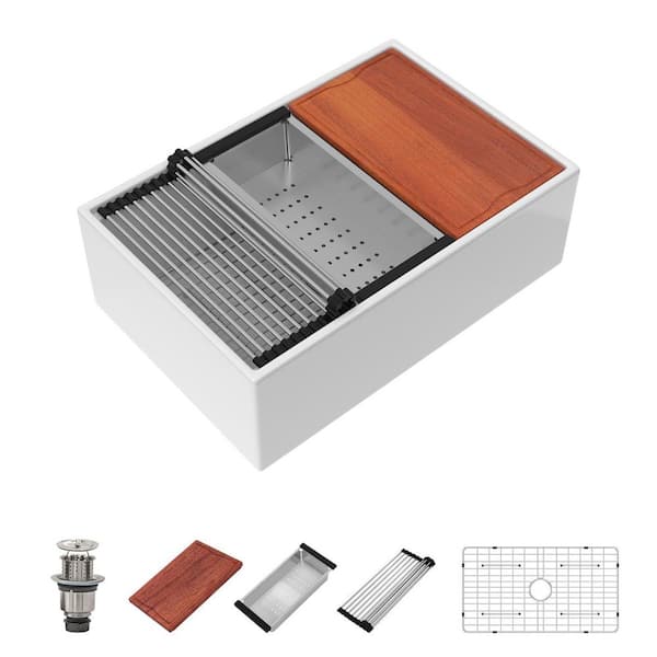 30 In. Gloss White Ceramic Fireclay Farmhouse Sink, Apron Front Single Bowl All In One Workstation Country Sink