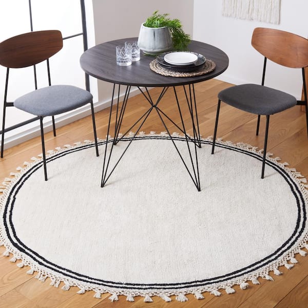 Easy Care 8 ft. x 8 ft. Ivory Machine Washable Solid Striped Border Round Area Rug