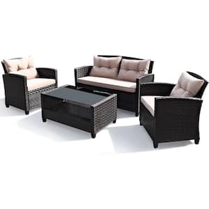 4-Pieces Wicker Patio Conversation Set Cushioned Sofa Armrest Table with Beige Cushions