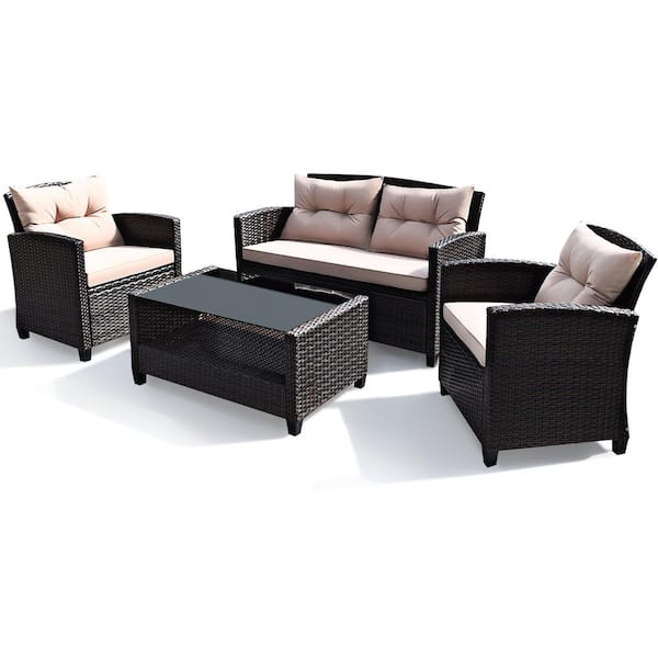 Costway 4-Pieces Wicker Patio Conversation Set Cushioned Sofa Armrest Table with Beige Cushions
