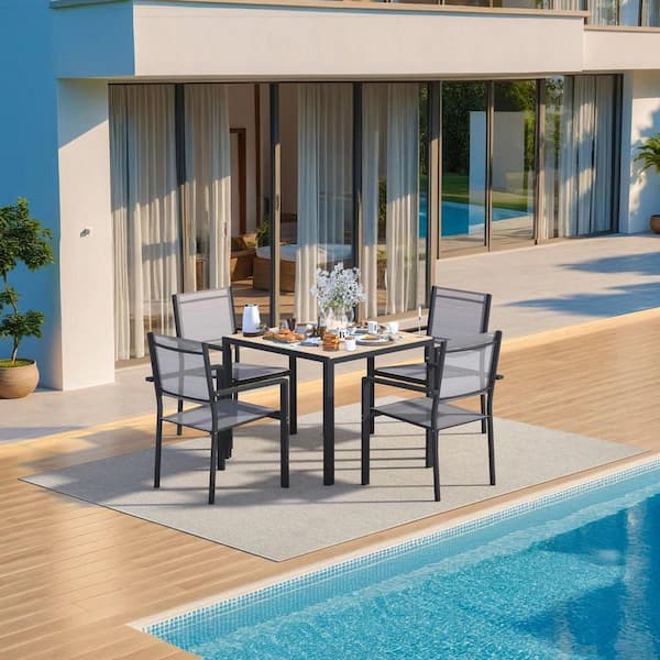 HOMMOW 5-Piece Metal Outdoor Dining Set, Patio Dining Furniture Set with 1 Square Table and 4-Textilene Stackable Chairs, Brown