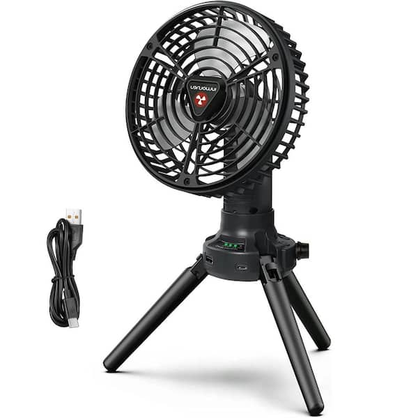 Adrinfly 6 in. 4 Fan Speeds Desk Fan Black, 10400mAh Battery Powered with Power Bank, LED Light Rechargeable Tripod Tent Hanging