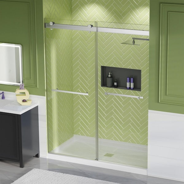 56"-60" W x 75in. H Frameless Double Sliding Shower Door, Clear Tempered Glass, Silent Soft-Close Design, Brushed Nickel