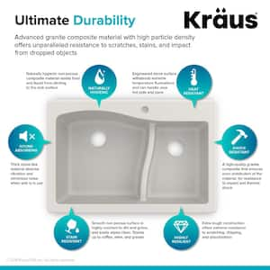 Quarza Drop-in/Undermount Granite Composite 33 in. 1-Hole 60/40 Double Bowl Kitchen Sink in White