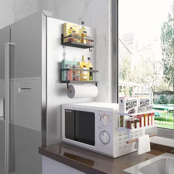 Magnetic Black Finish Wall Mount Spice Rack and Paper Towel Holder with Hooks for Refrigerator, 1-Piece