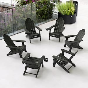 Recycled Black HDPS Folding Plastic Adirondack Chair Weather Resistant Patio Plastic Fire Pit Chairs (Set of 6)