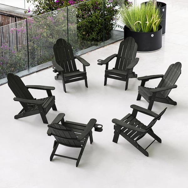 LUE BONA Recycled Black HDPS Folding Plastic Adirondack Chair Weather Resistant Patio Plastic Fire Pit Chairs (Set of 6)