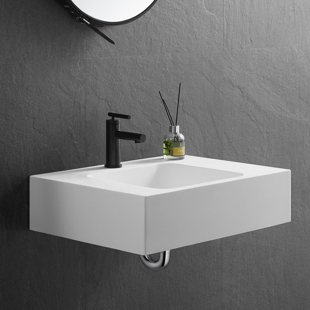 Matte White Solid Surface Square Wall-Mount Bathroom Sink
