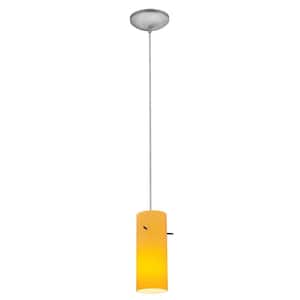 Cylinder 1-Light Brushed Steel Metal Pendant with Amber Glass Shade