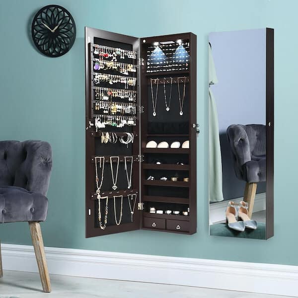 Brown 14 in. Wall and Door Mounted Mirrored Jewelry Armoire with Lights