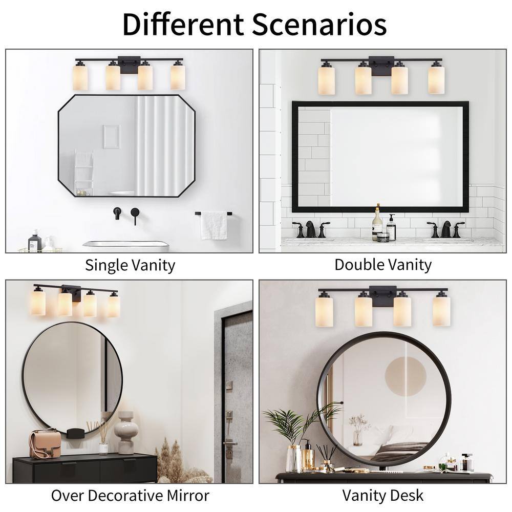30 in. Black Steel 4-Light Dimmable Vanity Light with Frosted Glass Shades