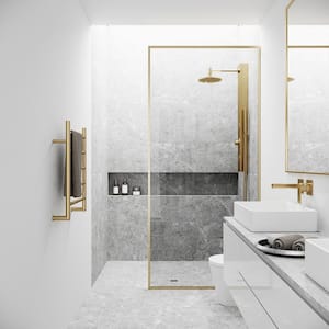 Meridian 34 in. W x 74 in. H Framed Fixed Shower Screen Door in Matte Brushed Gold with 3/8 in. (10mm) Clear Glass