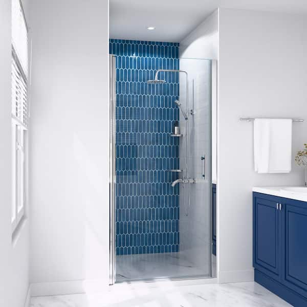 SHAAMA 24 - 25-3/8 in. W x 72 in. H Pivot Semi-Frameless Shower Door in Chrome Finish with SGCC Certified Clear Glass