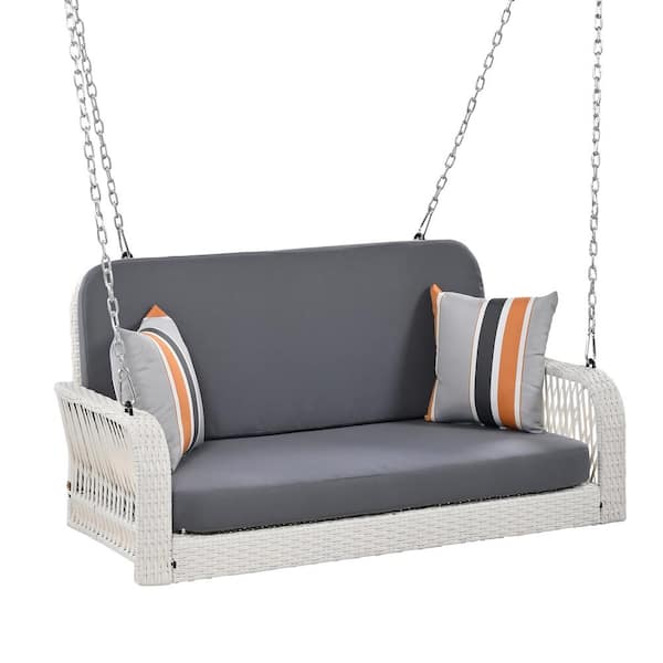 Sudzendf White 2-Person Wicker Porch Swing with Chains and Gray Cushion