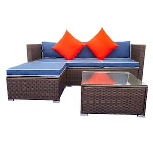 Brown 3-Piece PE Wicker Outdoor Sectional Furniture Sofa Set with Blue Fabric Cushions