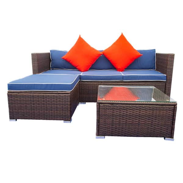 Afoxsos Brown 3-Piece PE Wicker Outdoor Sectional Furniture Sofa Set with Blue Fabric Cushions