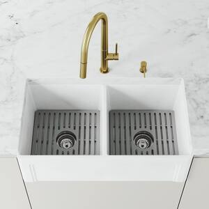 Matte Stone White Composite 33 in. Double Bowl Farmhouse Apron-Front Kitchen Sink with Strainers and Silicone Grids