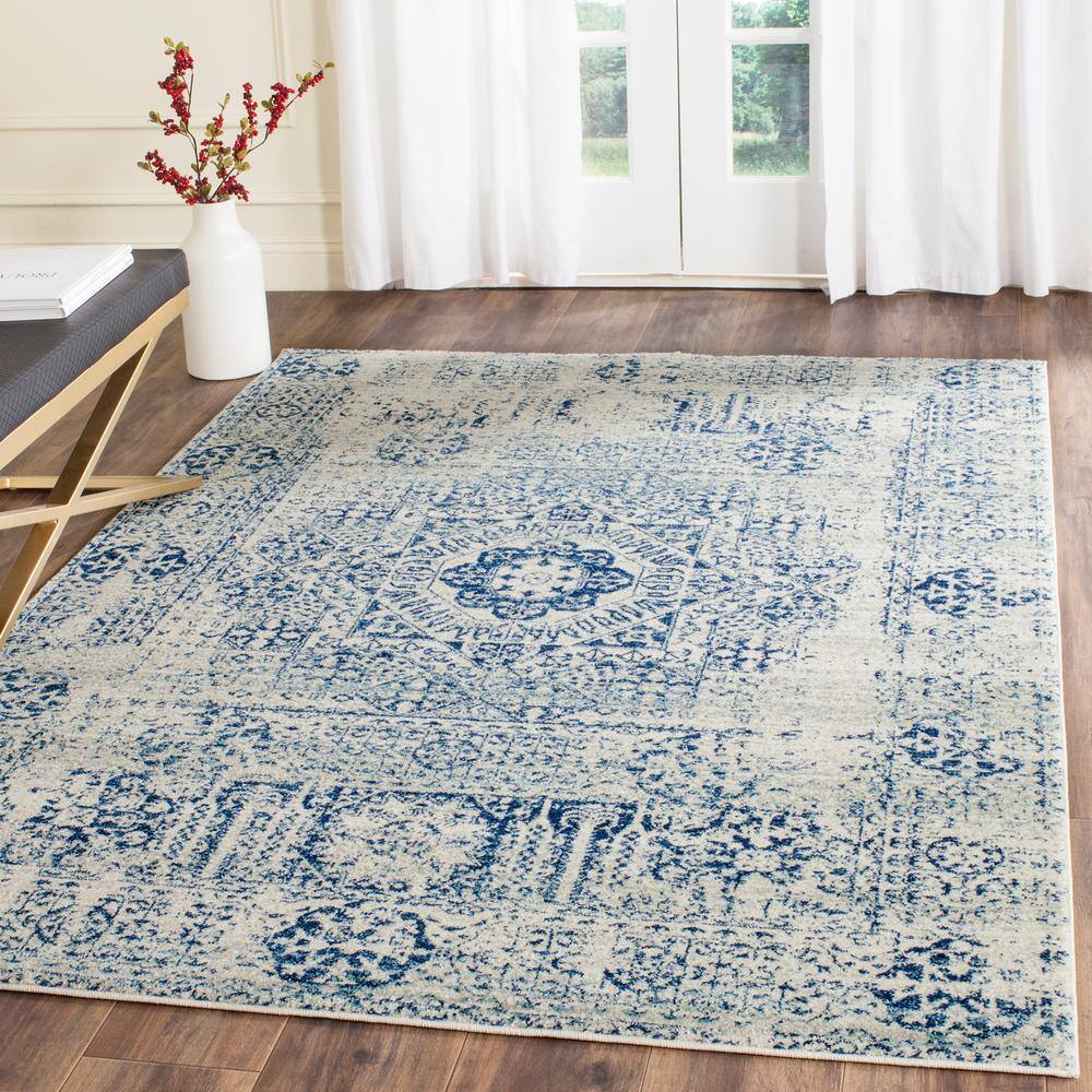 Ivory and Blue Rectangular Synthetic Easy Care Accent Rug