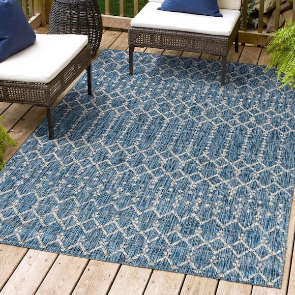 Ourika Moroccan Navy/Light Gray 7 ft. 9 in. x 10 ft. Geometric Textured Weave Indoor/Outdoor Area Rug