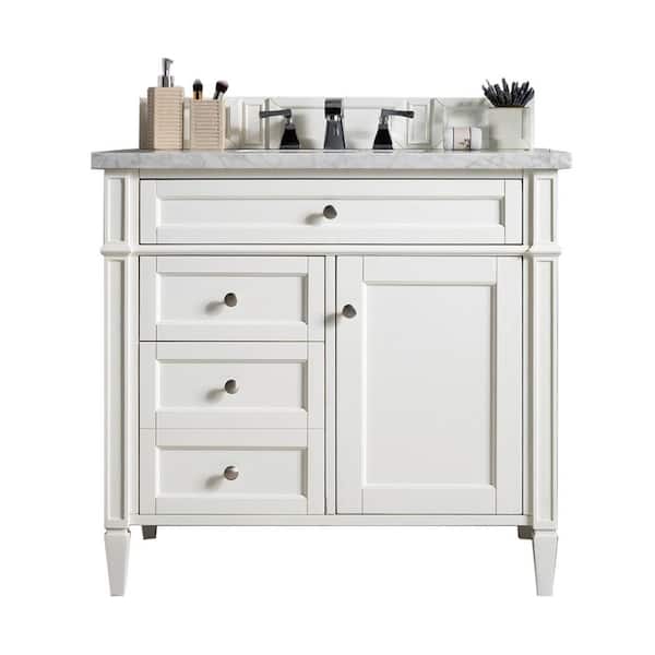 James Martin Vanities Brittany 36.0 in. W x 23.5 in. D x 34 in. H Single Bath Vanity in Bright White with Arctic Fall Solid Surface Top