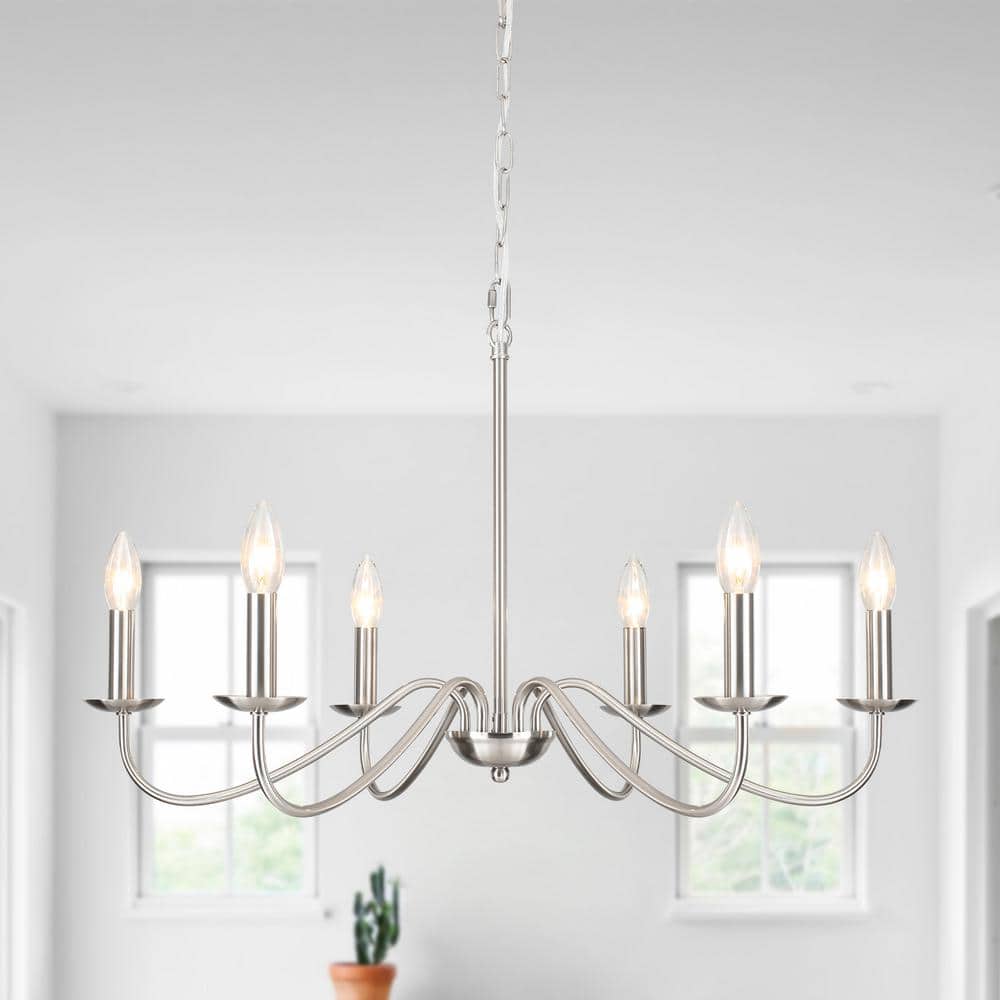 Nickel 6-Light Candle Chandelier with Tubular Arms