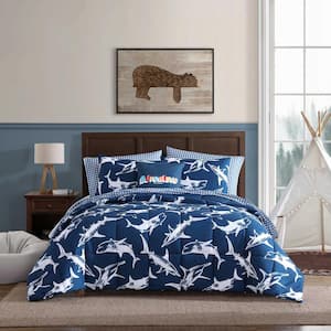 Vinny And Shark Friends 3-Piece Navy Blue/White Microfiber Twin Comforter Bonus Set