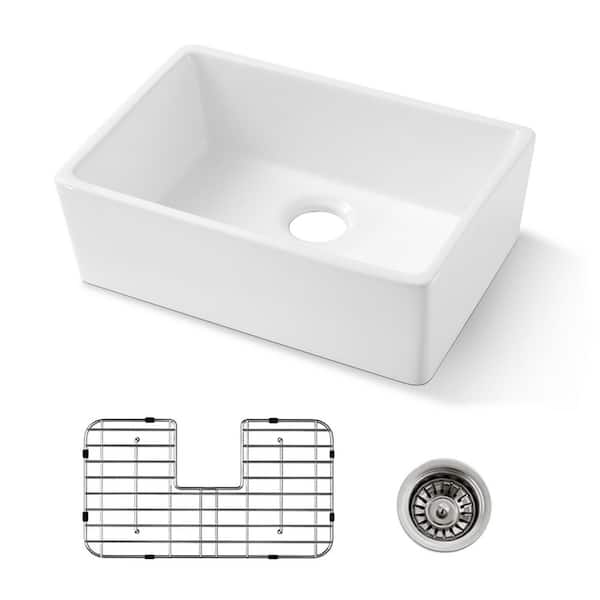 24 in. Farmhouse Single Bowl White Ceramic Kitchen Sink with Bottom Grids