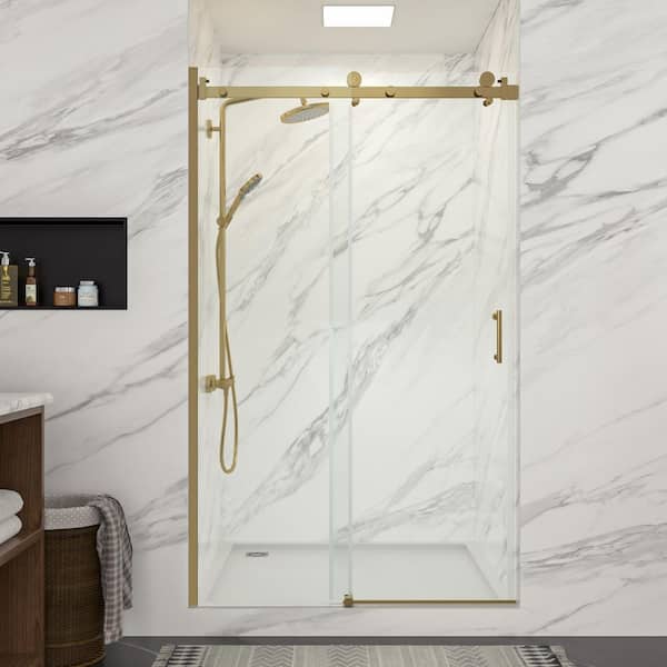 48-48 4/5 in. W x 76 in. H Gold Sliding Frameless Shower Doors with 5/16 in. (8mm) Clear Tempered Glass