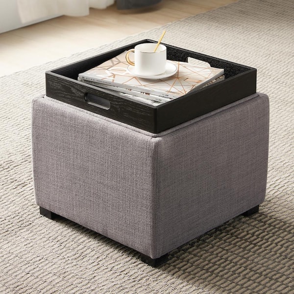 Riley 18 in. Wide Leather Contemporary Square Storage Ottoman with Tray Serve as Side Table in Black (Set of 2)