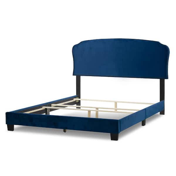 Glamour Home Aric Navy Blue Velvet Queen Bed with Contrasting Piping Accent