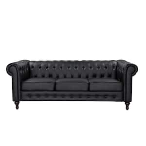 Brooks 82.3 in. Rolled Arm Faux Leather Straight 3-Seater Upholstered Sofa in Black