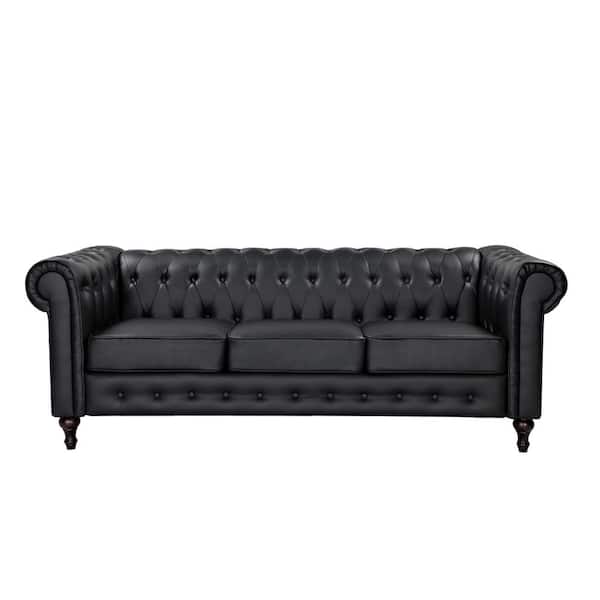 US Pride Furniture Brooks 82.3 in. Rolled Arm Faux Leather Straight 3-Seater Upholstered Sofa in Black