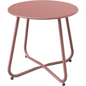 Lotus Pink Round Steel Patio Outdoor End Table, Weather Resistant Large Outside Side Table for Garden Balcony Yard