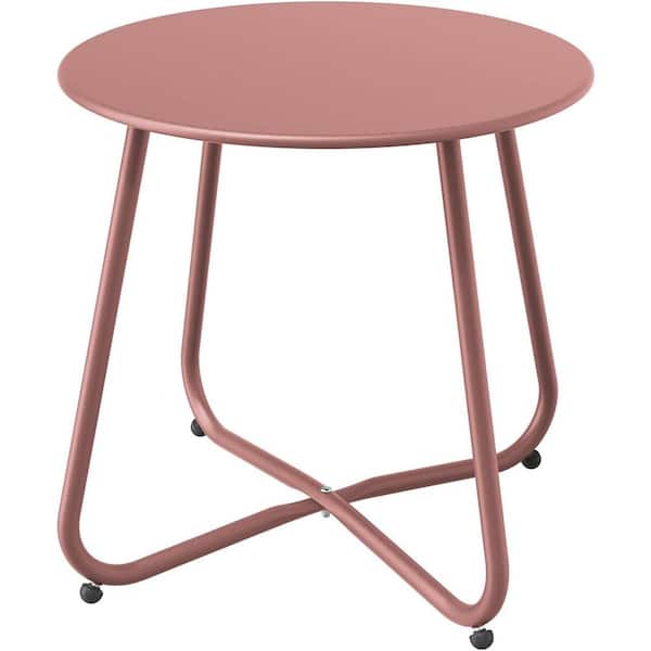 Yangming Lotus Pink Round Steel Patio Outdoor End Table, Weather Resistant Large Outside Side Table for Garden Balcony Yard