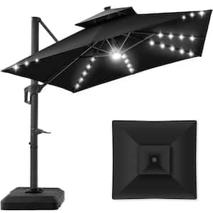 10 ft. x 10 ft. 2-Tier Square Outdoor Solar LED Cantilever Patio Umbrella with Base Included in Black