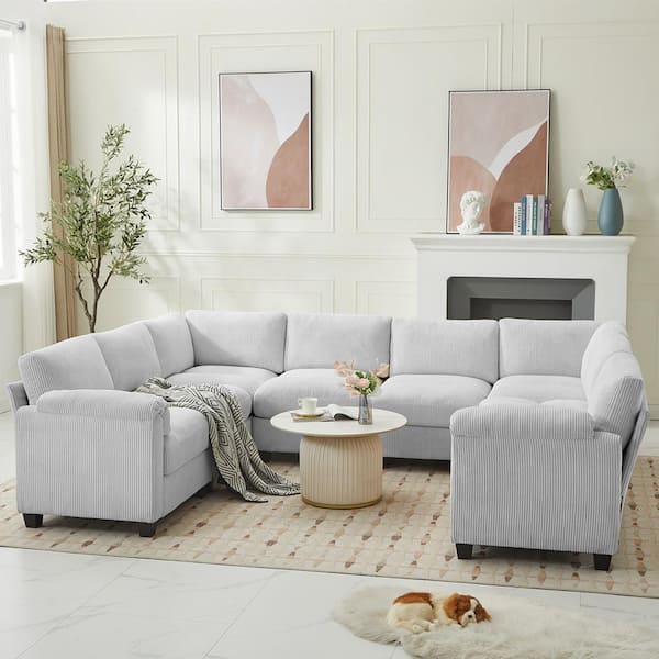 JEAREY 115 in. Corduroy Modular U-Shaped Grey 8-Seat Sectional