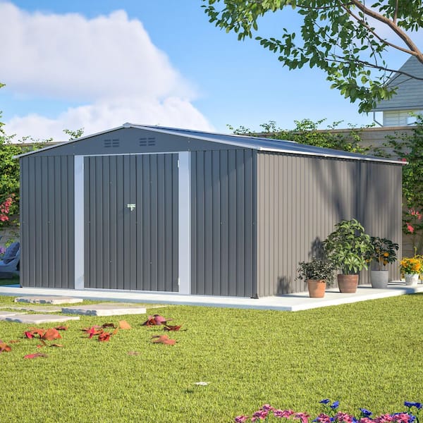 14 ft. W x 12 ft. D Outdoor Metal Shed with Double Doors Gray (168 sq. ft.)