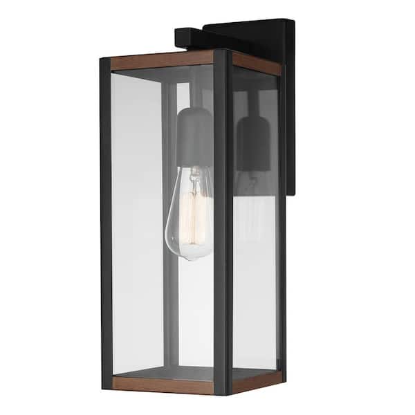 Globe Electric Bowery  Matte Black Farmhouse Indoor/Outdoor 1-Light Wall Sconce with Faux Wood Accents
