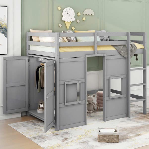 Gray Twin Size Wood Loft Bed with Built-in Storage Wardrobe and 2-Windows