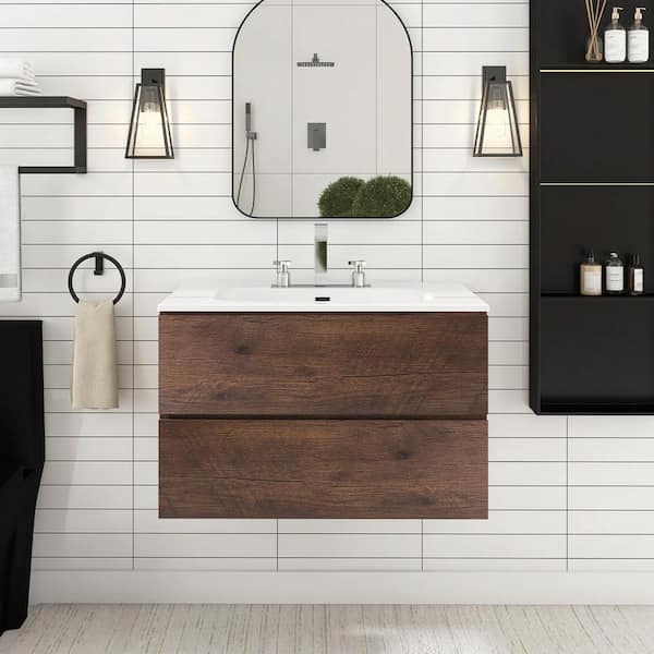 JimsMaison 30 in. W x 18 in. D x 21 in. H Single Sink Floating Bath Vanity in Walnut with White Ceramic Top