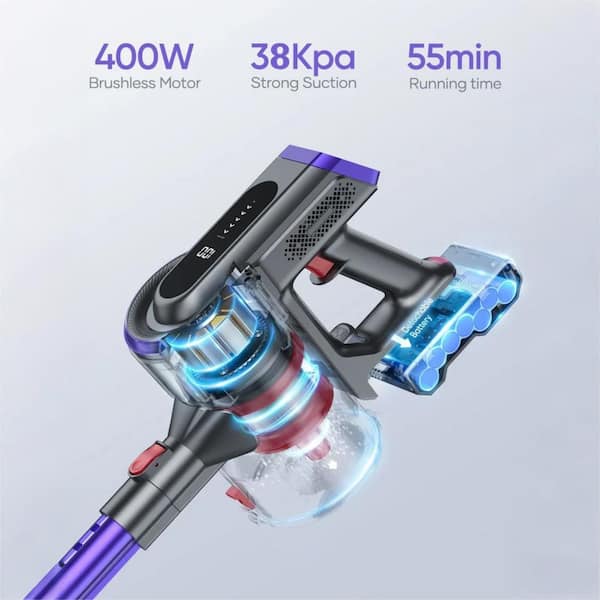 Bagless Corded Stick Vacuum with HEPA Filter, 38 kPa Suction, Max to 55 Mins Runtime Battery, 1.5 L