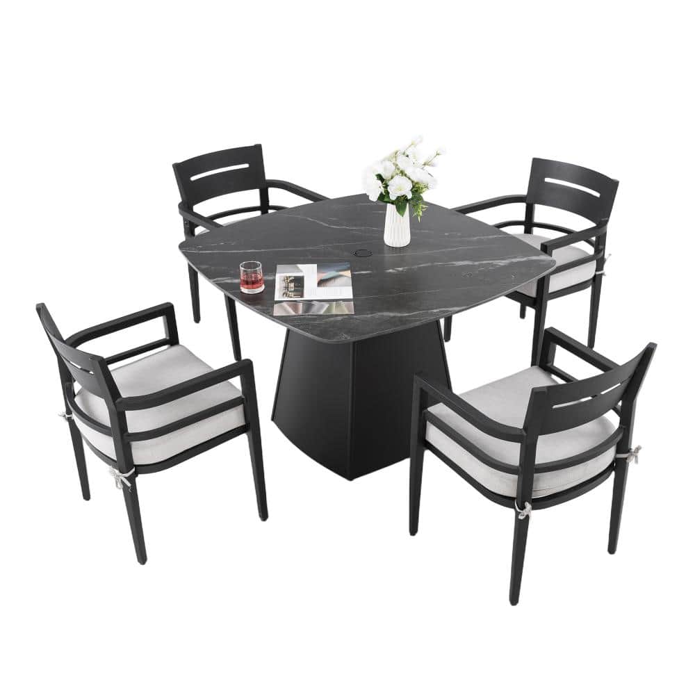 "Black 5-Piece Aluminum Dining Set with 44"" Rounded Square Sintered Stone Table, 4 Armchairs" price history on PriceWatchPro