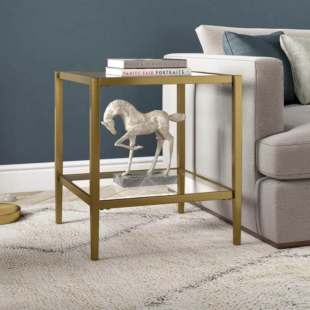 Hera Antique Brass Square Side Table with Tempered Glass Shelf