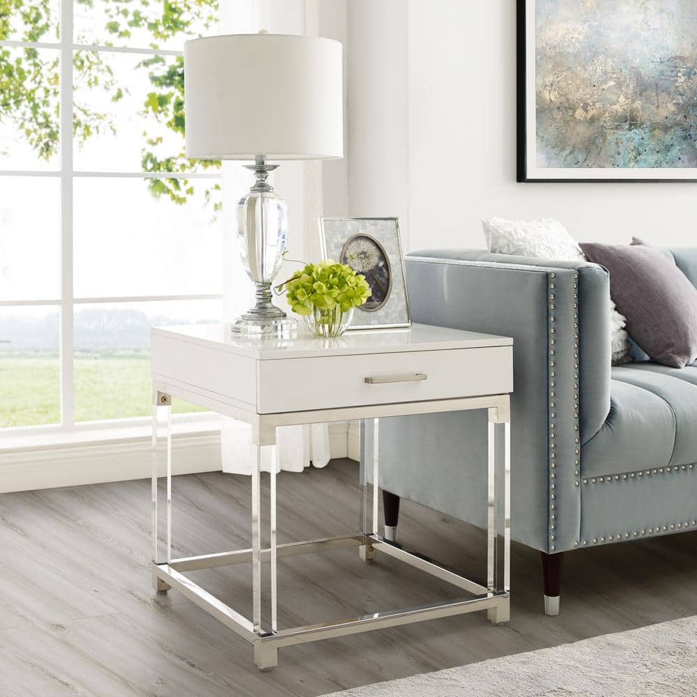 White and Chrome 1-Drawer End Table with Acrylic Legs