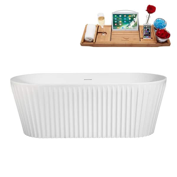 Streamline 63 in. x 29 in. Acrylic Freestanding Soaking Bathtub in Matte White With Matte Oil Rubbed Bronze Drain, Bamboo Tray