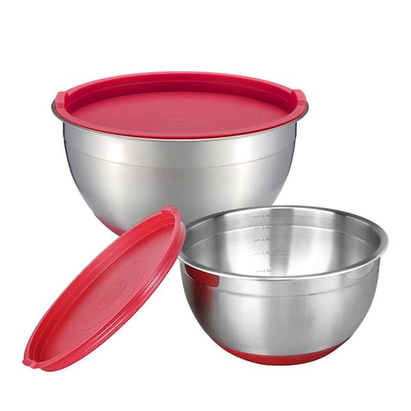 2-Piece Stainless Steel Red Finish Mixing Bowl Set with Airtight Lids, Non-Slip Base, Measurement Marks