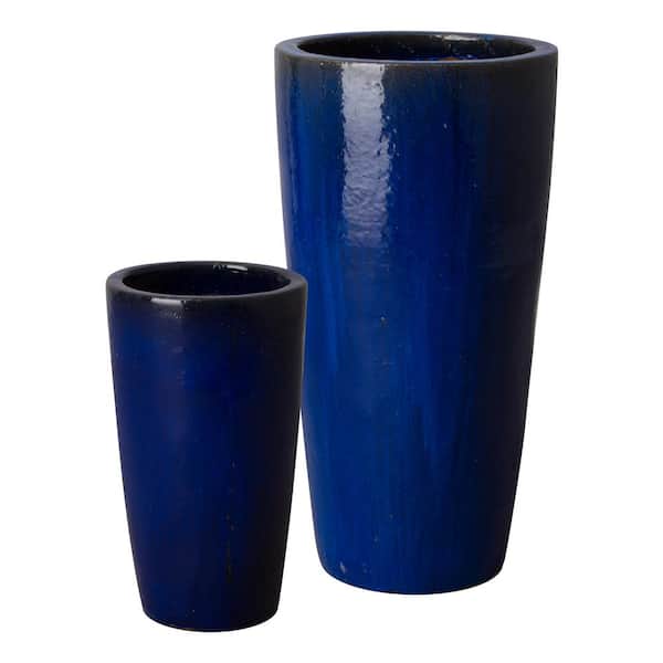 Tall 22.5in., 36in. H Blue Ceramic Round Planters with Drainage holes (Set of 2)